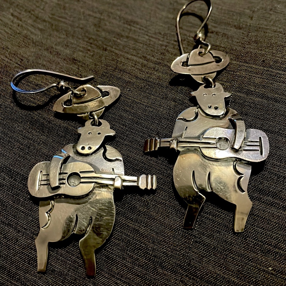 Guitar-playing cow Taxco sterling earrings